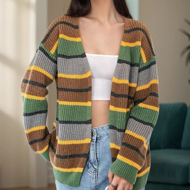 Fashion Women's Wear Striped Casual Cardigan Sweater