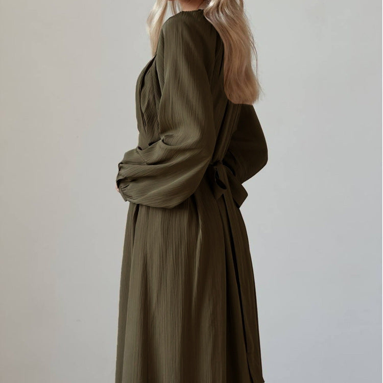 Loose Pleated Long Sleeve Round Neck Dress with Waist Trimming and Lace-Up Detail