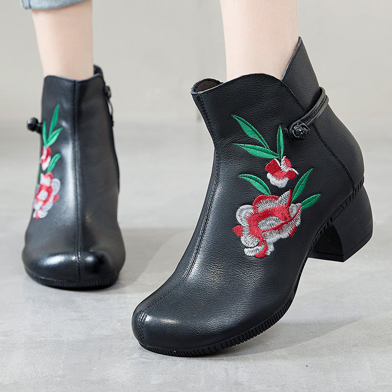 Fashionable Ethnic Style Martin Boots with Embroidery, Comfortable Cotton, and Thick Heels