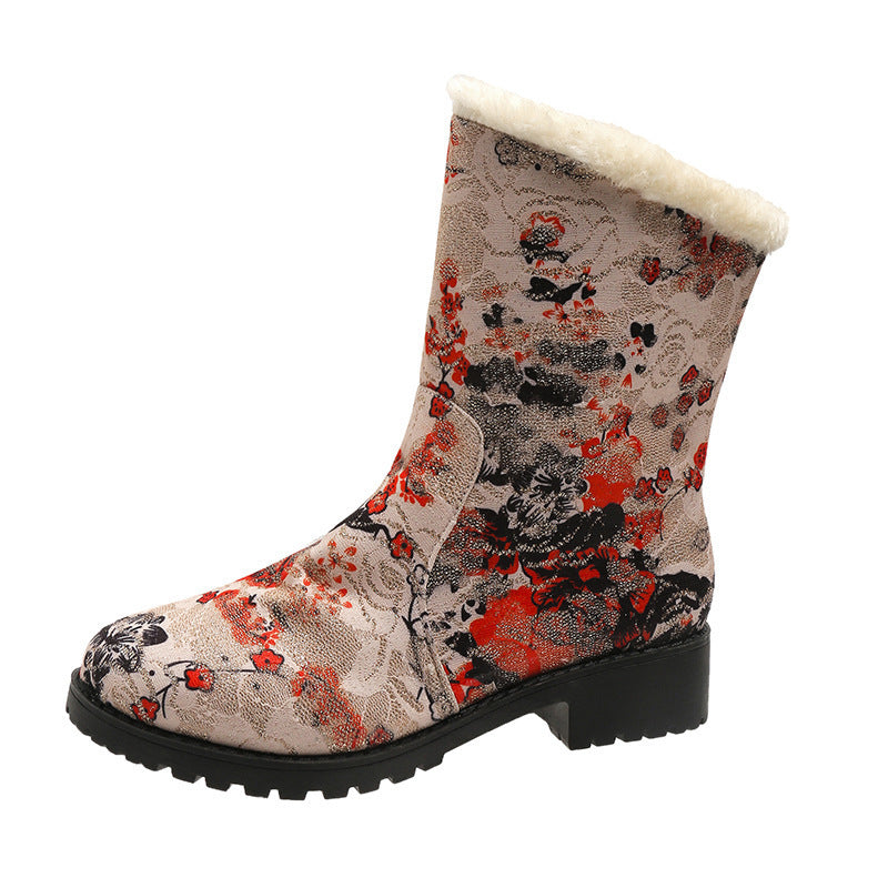 European and American Floral Plus Velvet Snow Boots for Women