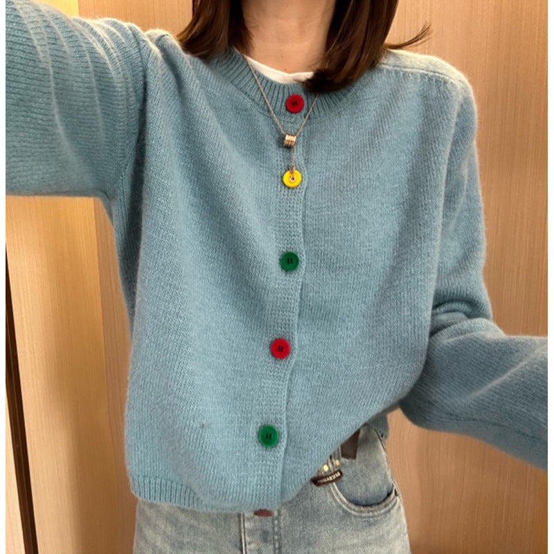 Korean-Style Age-Reducing Rainbow Single-Breasted Round Neck Sweater