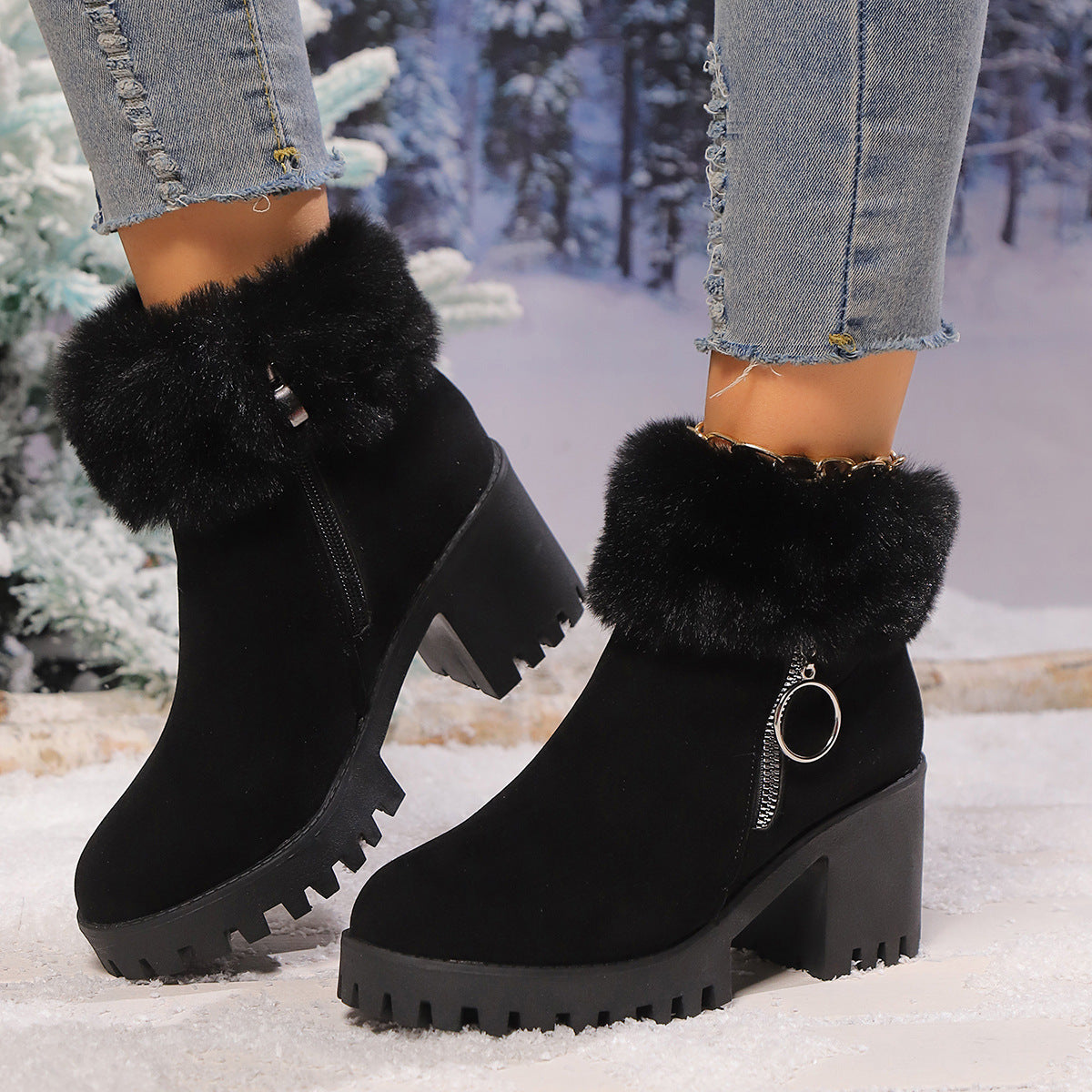 Women's Snow Velvet Thermal Thick-Heeled Short Boots – Winter Warm and Stylish Footwear