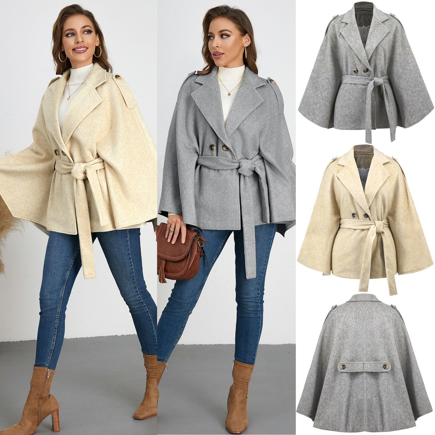 Bandage Style Woolen Coat with Batwing Sleeves and Lapel