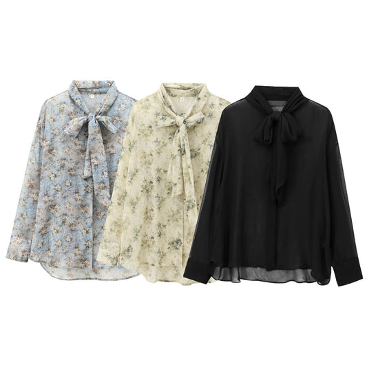 European And American Women's Clothing French Floral Tie Bow Long-sleeved Shirt