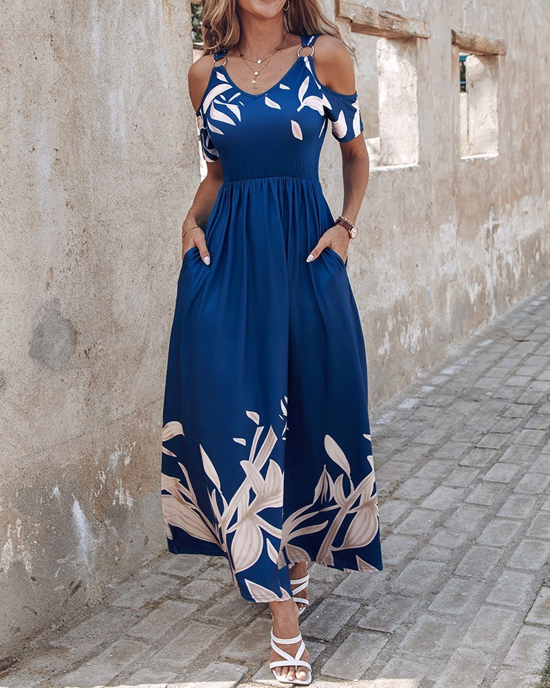 Fashionable Shoulder-Baring Printed Long Dress with Waist Control