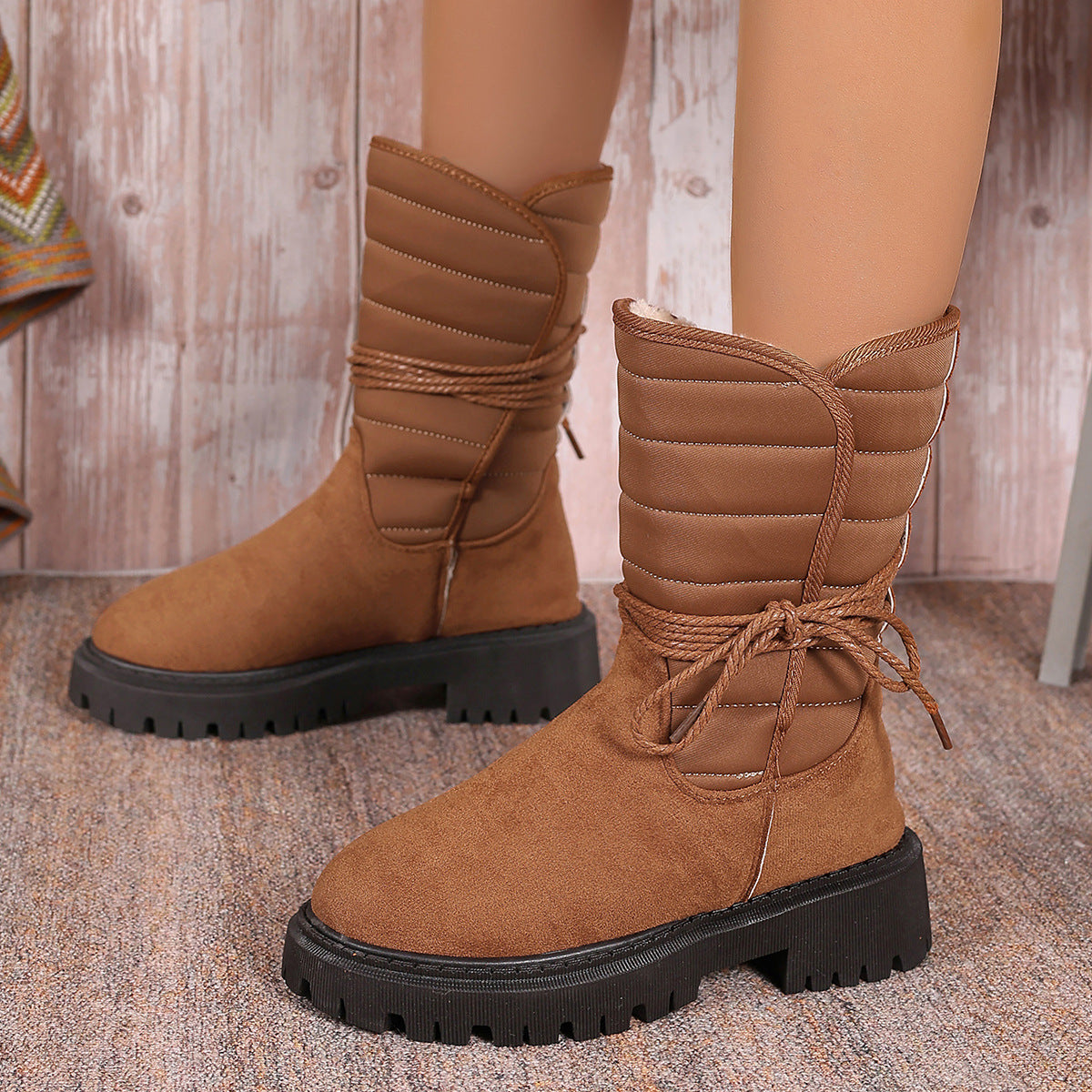 New Chunky Heel Mid-Tube Snow Boots for Women – Winter Warm Fleece Lined with Lace-Up Design