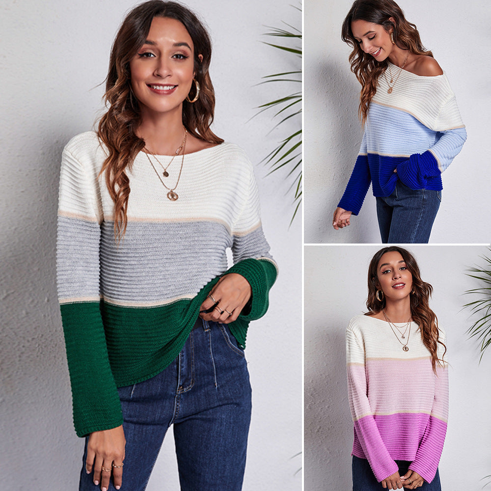 Contrast Color Striped Off Shoulder Oversized Knitted Sweater