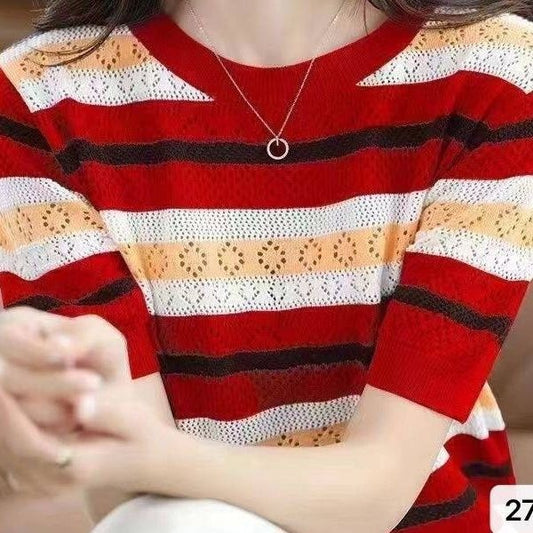 Color-Block Hollow-Out Loose Striped Top with Half Sleeves