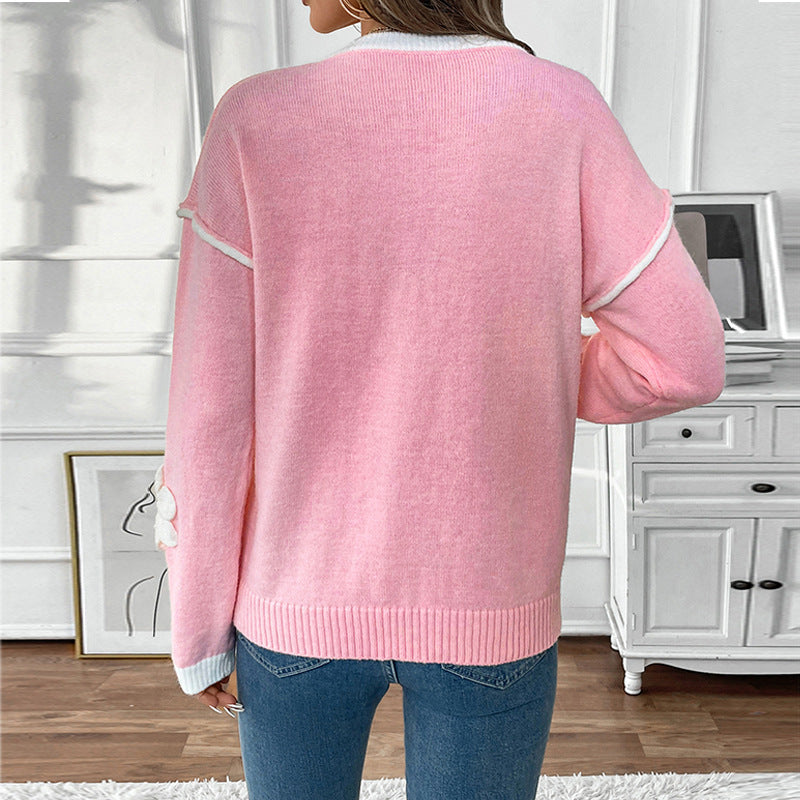 Women's Long-Sleeved V-Neck Sweater for Valentine's Day Fashion