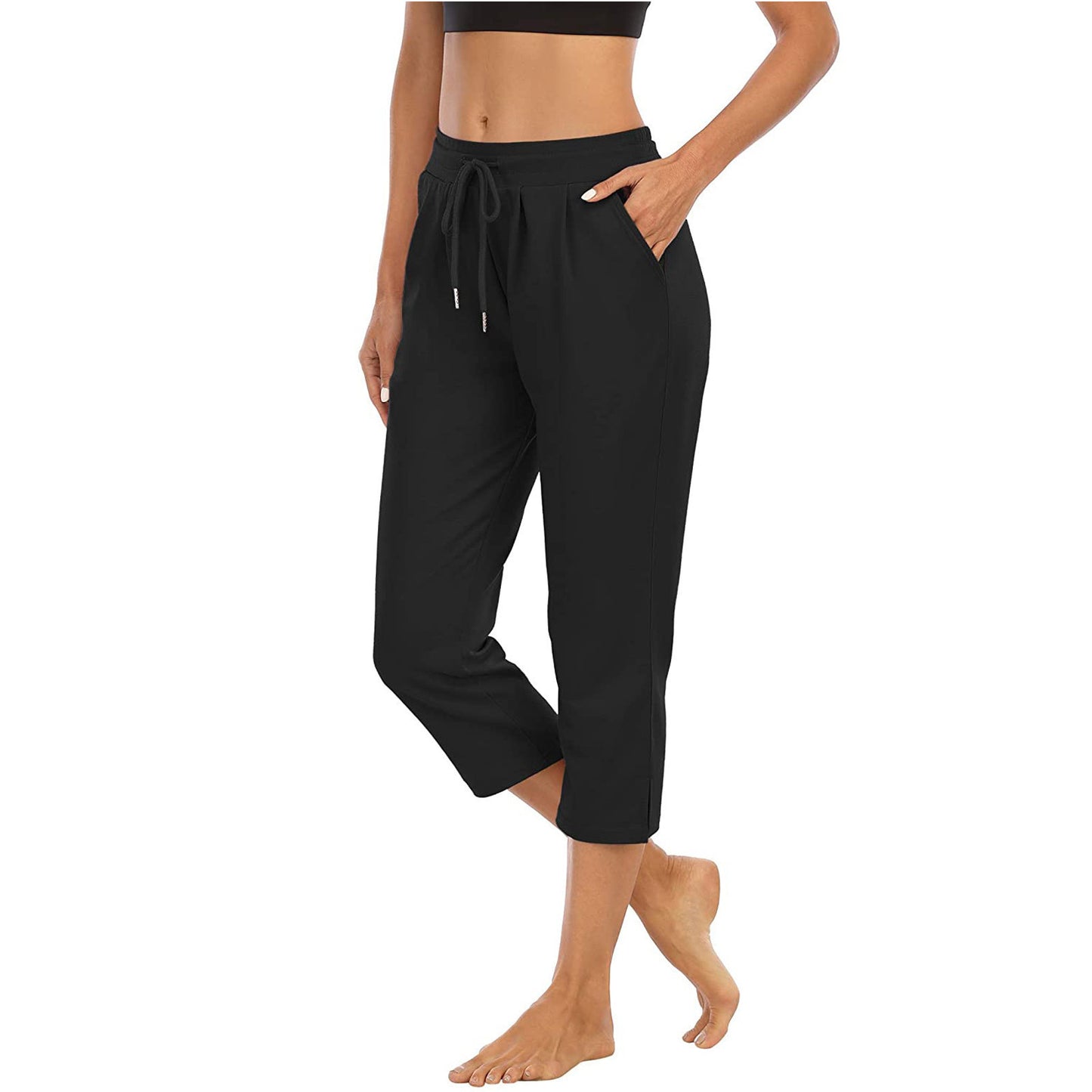 Women's Solid Color Pocket High Top Sports Fitness Yoga Wide Leg Cropped Pants