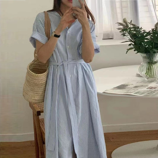 Simple Round Neck Single-Breasted Lace-Up Striped Shirt Dress with Fitted Waist