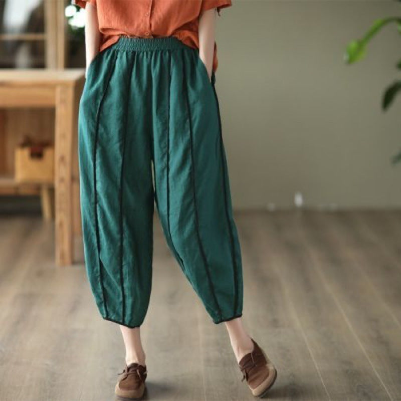 Women's Summer Thin Striped Cotton Linen Cropped Pants