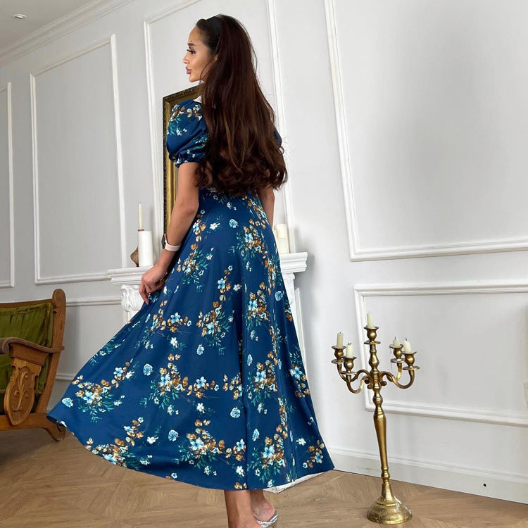 Blue Floral Dress with Peter Pan Collar and Short Sleeves