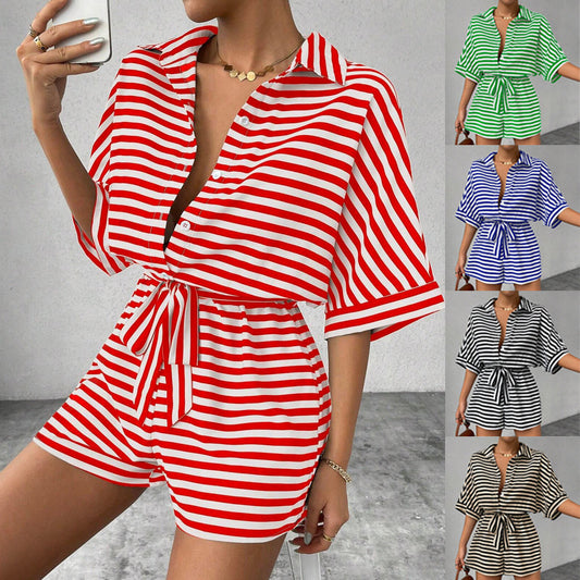 Striped Lapel Cardigan Button Half Sleeve Belt Shorts Suit Jumpsuit