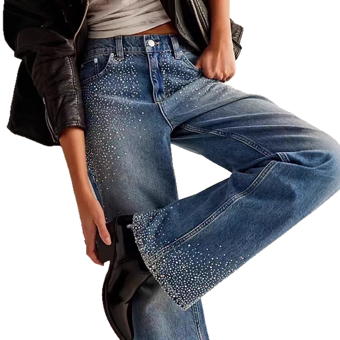 Fashion Stretch Rhinestone Straight-leg Jeans