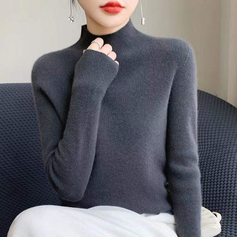 Warm Long Sleeve Knitted Half-Turtleneck Base Shirt for Women