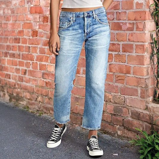Low-Rise Cropped Boyfriend Jeans For Women, With A Distressed Raw Hem, Casual Light Wash Pants