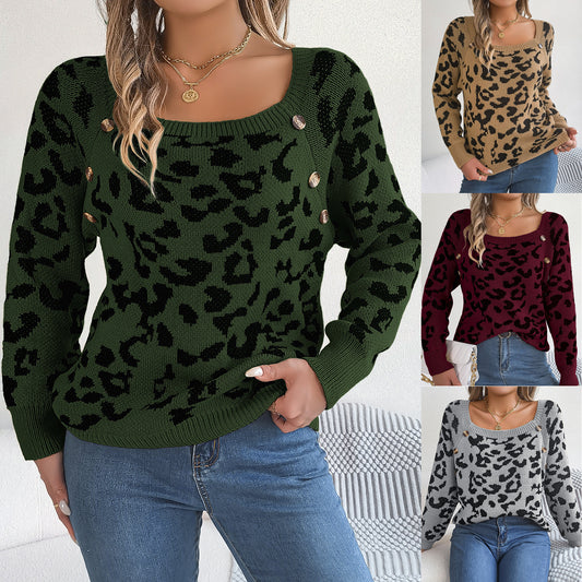 Casual Square Collar Button Contrast Color Leopard Print Long Sleeve Sweater