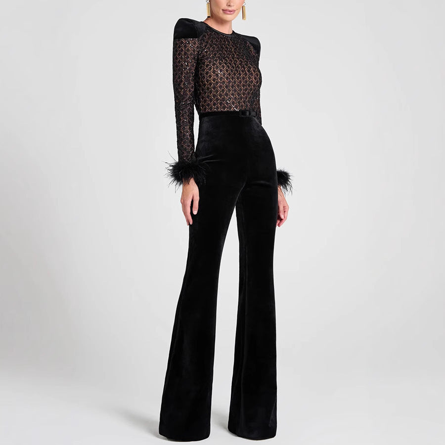 Long-Sleeve Pleuche Patchwork Jumpsuit