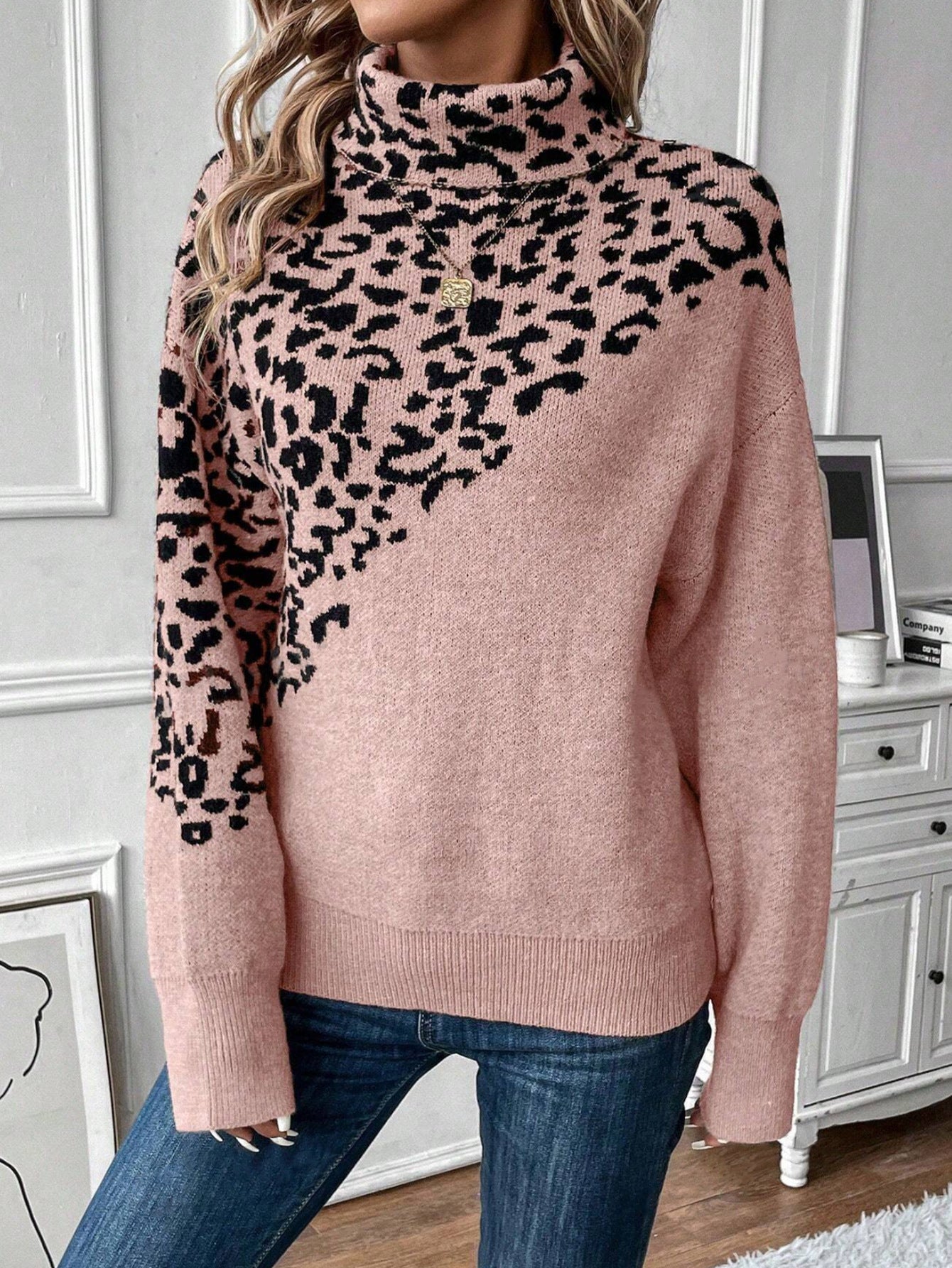 Turtleneck Leopard Print Sweater – Long Sleeve Loose Fashion Casual Style