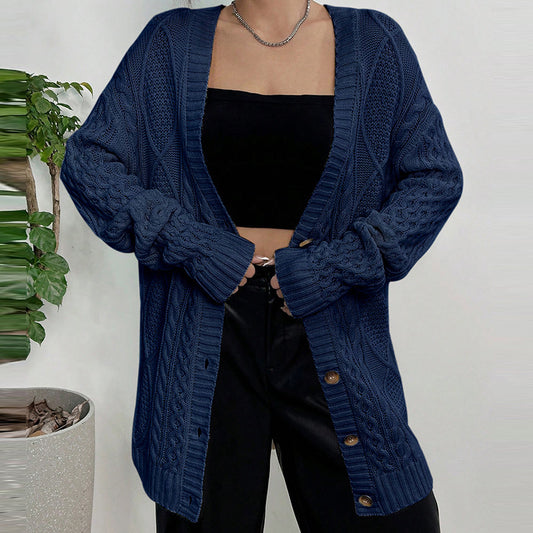 Loose V-Neck Twisted Knit Sweater Coat