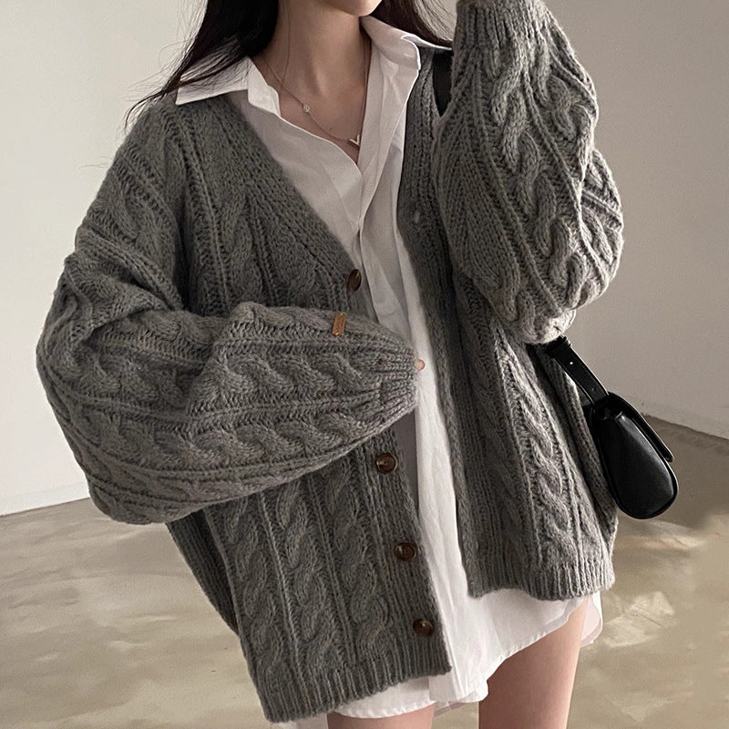 Women's Casual Loose-Fit Twist Knit Sweater Coat