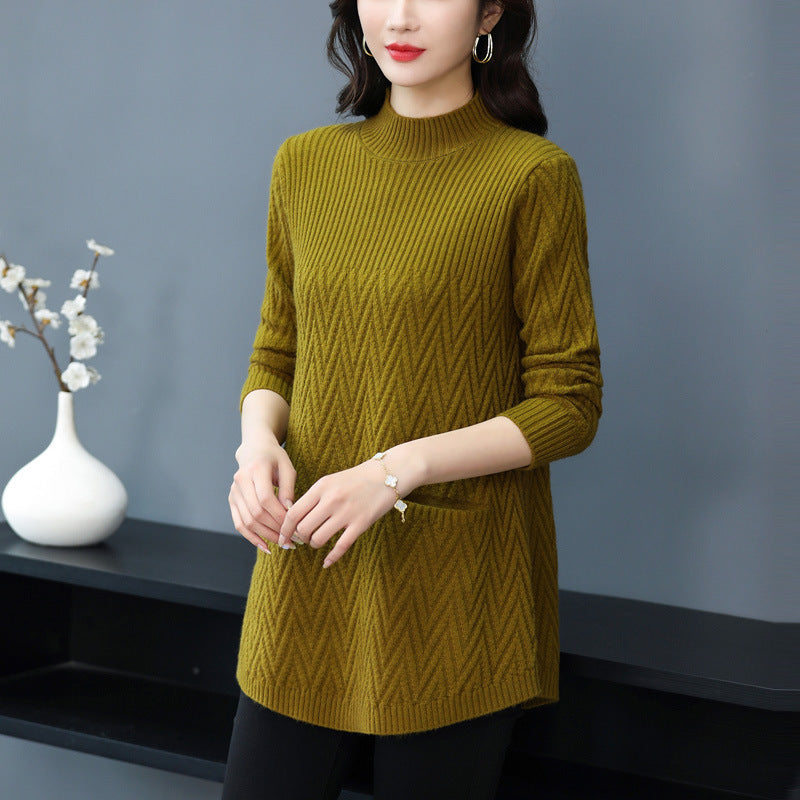 Women's Winter Loose-Fit Half Turtleneck Knitted Woolen Sweater Skirt