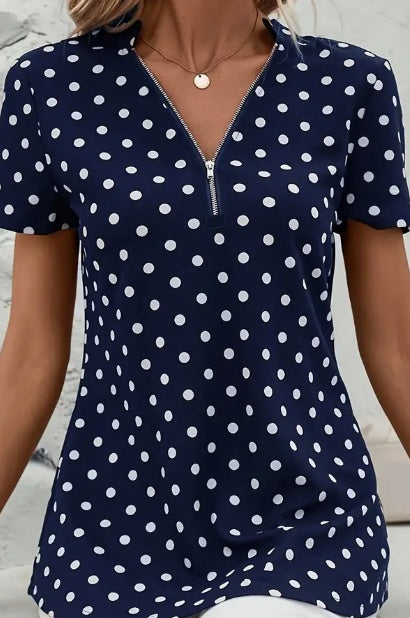 Women's Polka Dot V-Neck Blouse, Elegant Zipper Front Short Sleeve Top