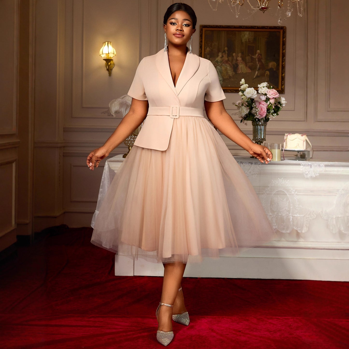 Slim Fit Slimming Suit Skirt Belt Mesh Dress