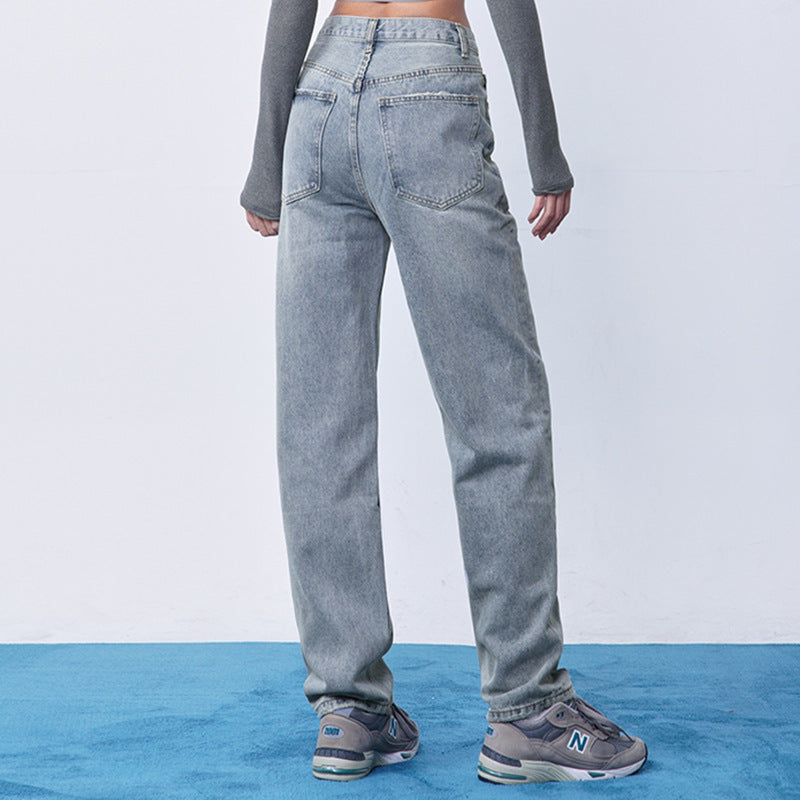 Waist-High Straight Irregular Oblique Buttoned Denim Trousers