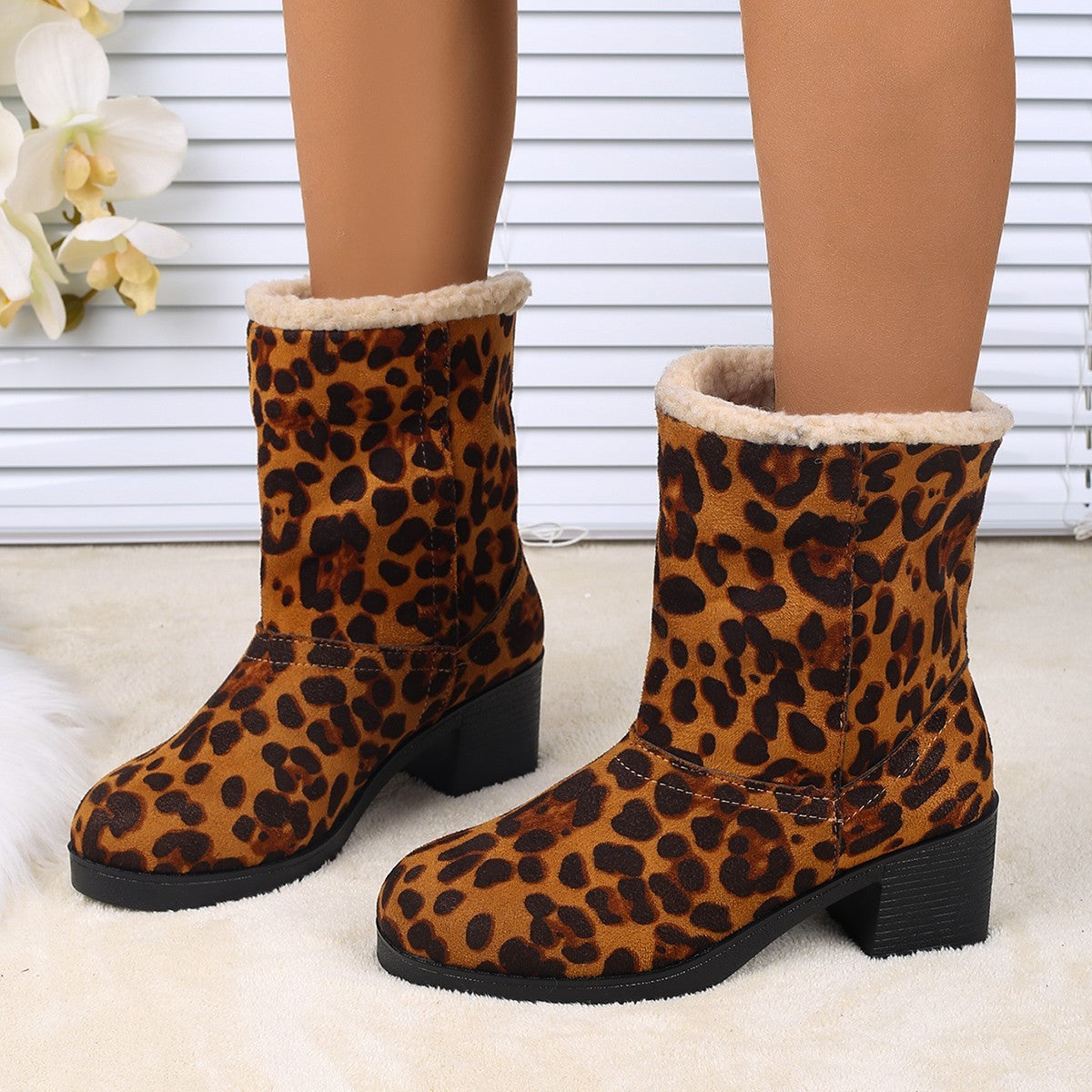 Women's New Foldable Leopard Print Mid-Calf Boots – Winter Warm Fleece with Thick Square Heels