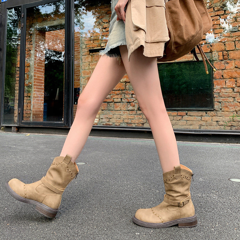 Women's Retro Brown Soft Leather Ankle Boots with Rivets and Chunky Heel