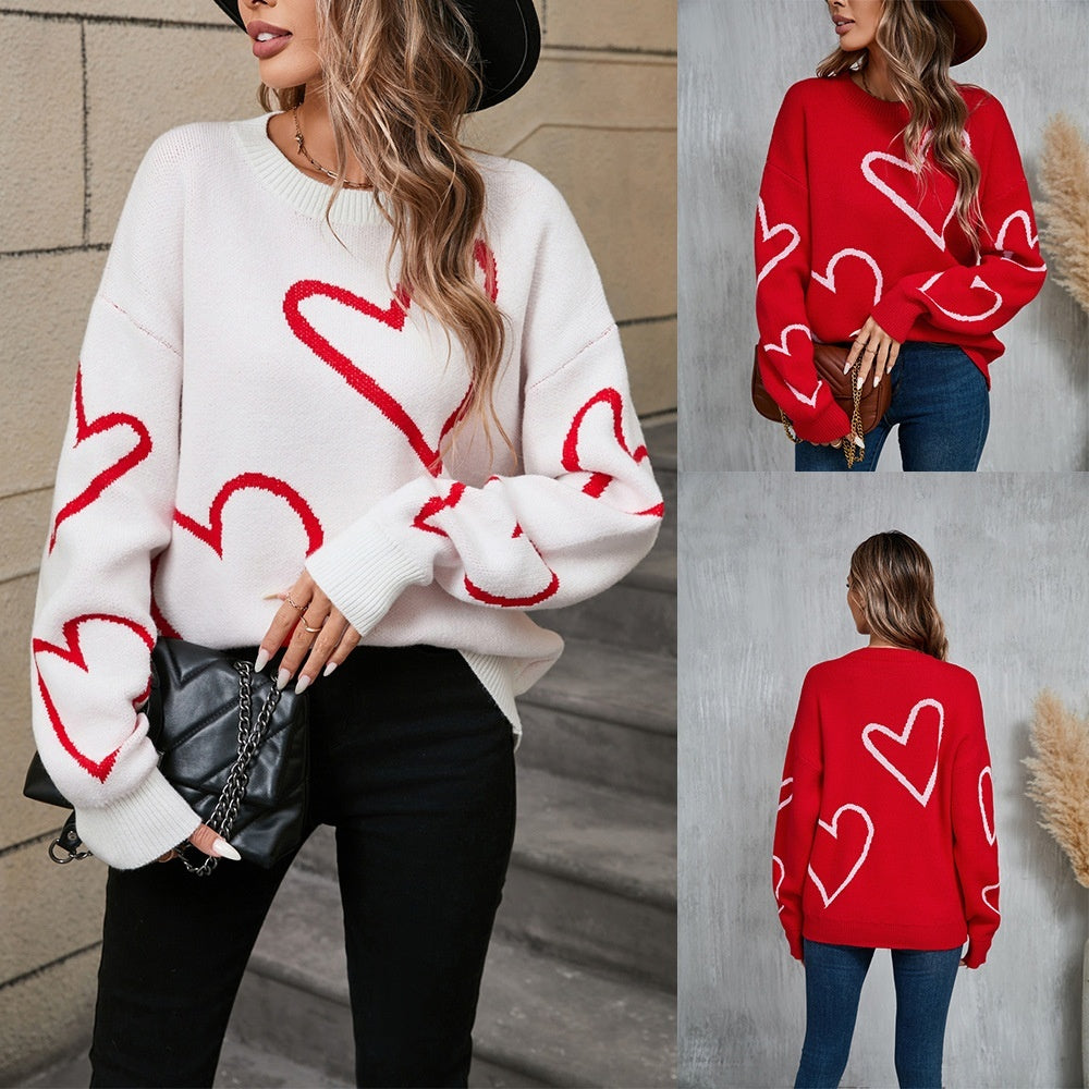 Valentine's Day Women's Pullover Sweater with Big Peach Heart Contrast Design