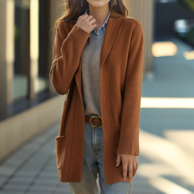 New Polo Collar Solid Color Long-Sleeved Knitted Cardigan with Pockets for Women