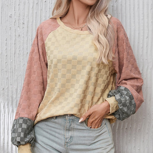 Women's Loose-Fit Chessboard Plaid Textured Sweater