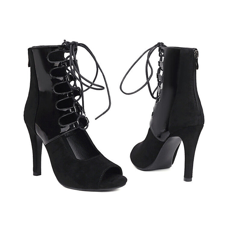 Suede and Patent Leather Stitching Round-Toe High Heel Sandal Boots