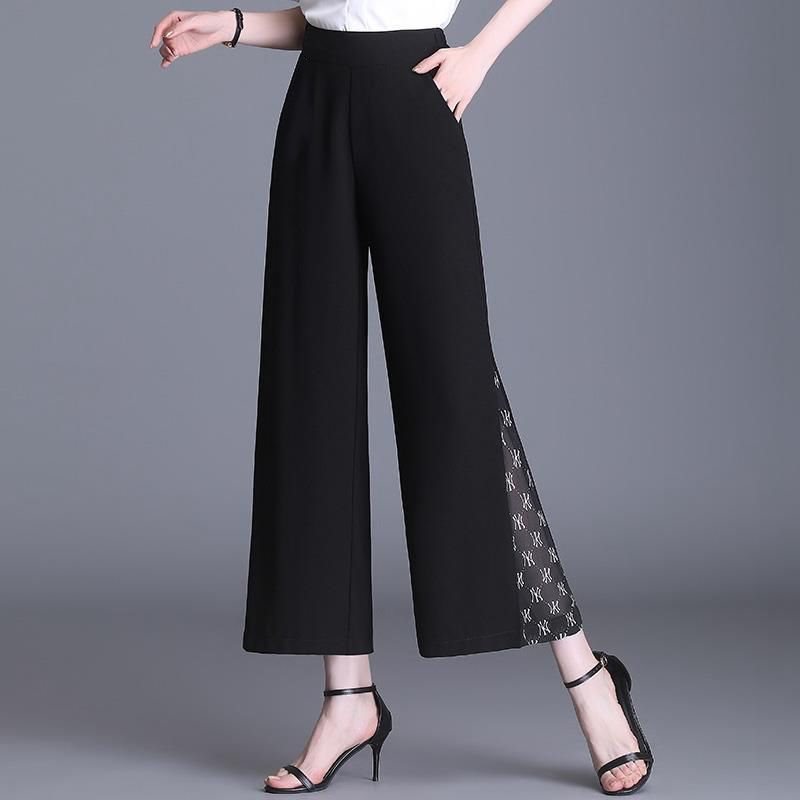 High-Waist Loose-Fit Slimming Black Cropped Chiffon Drape Pants