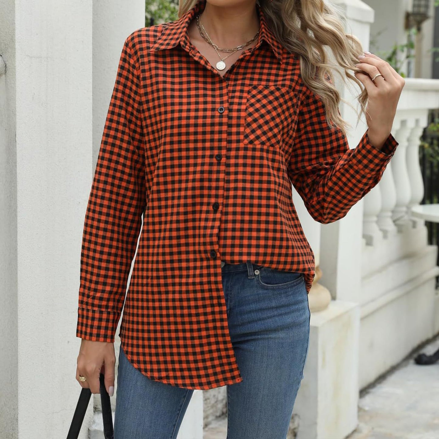 Loose-Fit Women's Long Sleeve Plaid Shirt