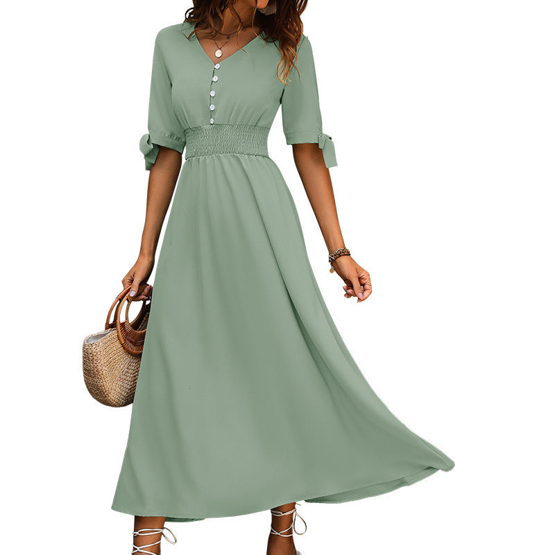 High-Waisted Smocked Buckle V-Neck Dress for Women