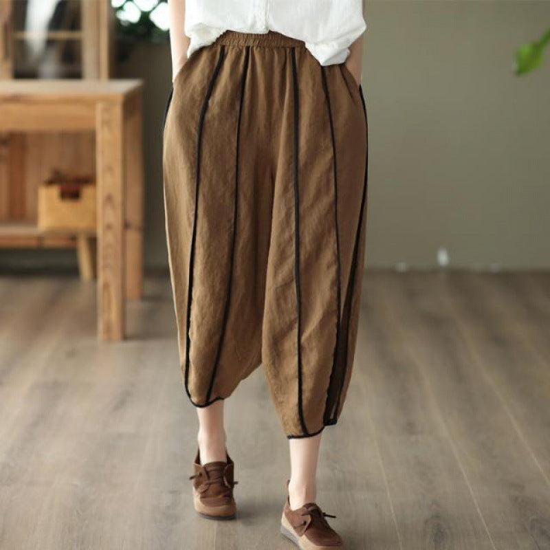 Women's Summer Thin Striped Cotton Linen Cropped Pants