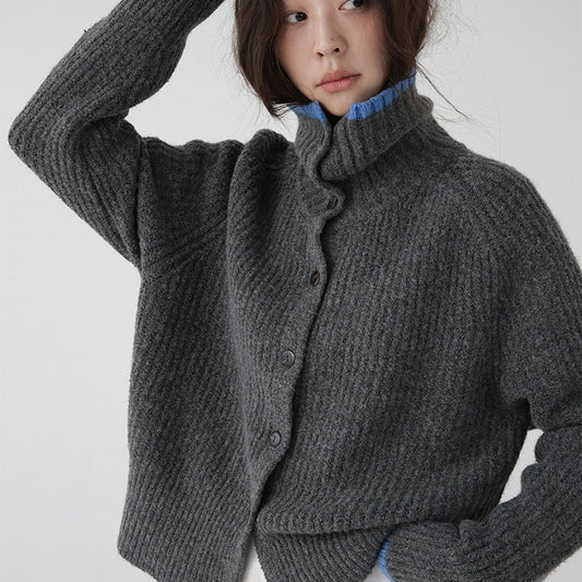 Color-Blocking Collar Single-Breasted Wool Knit Cardigan Jacket