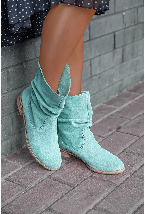 Women's Pile Style Ankle Boots – Round Toe, Low Heel, Chic and Comfortable