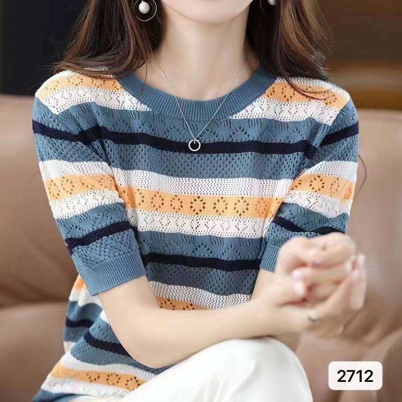 Color-Block Hollow-Out Loose Striped Top with Half Sleeves