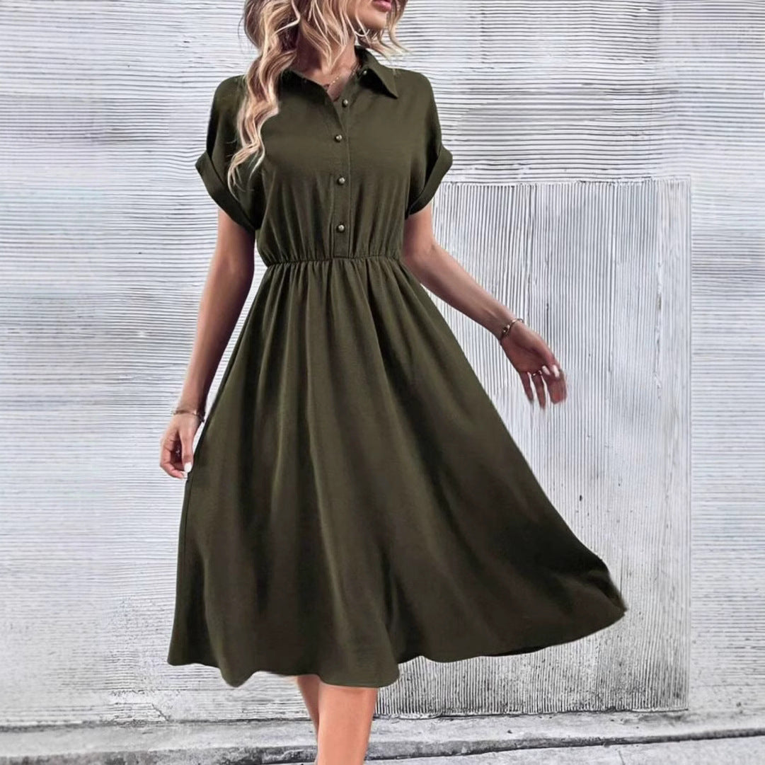 Women's Midi Dress Shirt Collar Short Sleeve Fashion