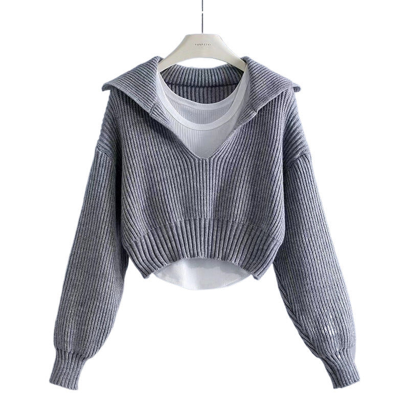 Sailor Collar Thick Loose-Fit Short Sweater for Women