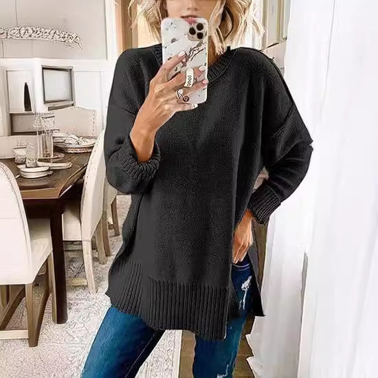 Women's Round Neck Sweater with Side Slits – Pullover Style