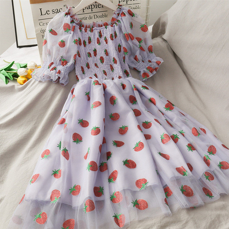 Super Fairy Sequined Strawberry Print High Waist Mid-length Mesh Skirt