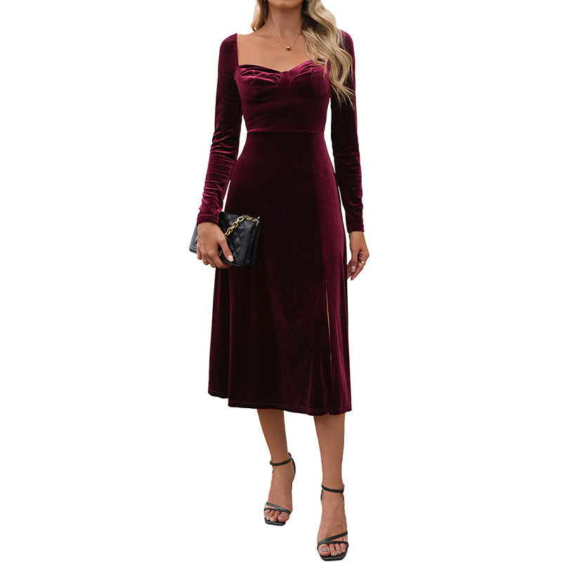 Split Mid-Length Velvet Dress with Square Collar