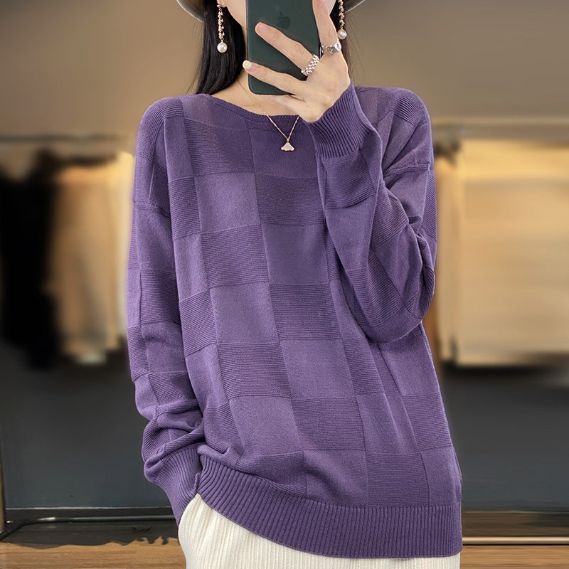 Women's Cotton Round Neck Simple Plaid Sweater