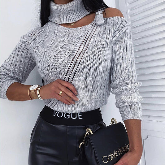 Halter Off-the-Shoulder Sweater – Irregular Long Sleeve with Metal Accents